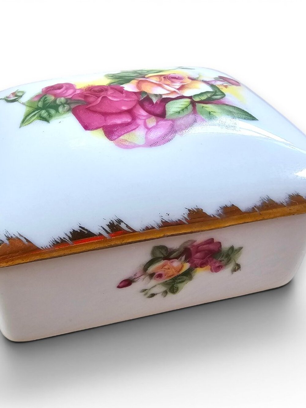 Hal-sey Fifth Porcelain Trinket Box Floral Roses White Gold Tone Trim VTG Japan
